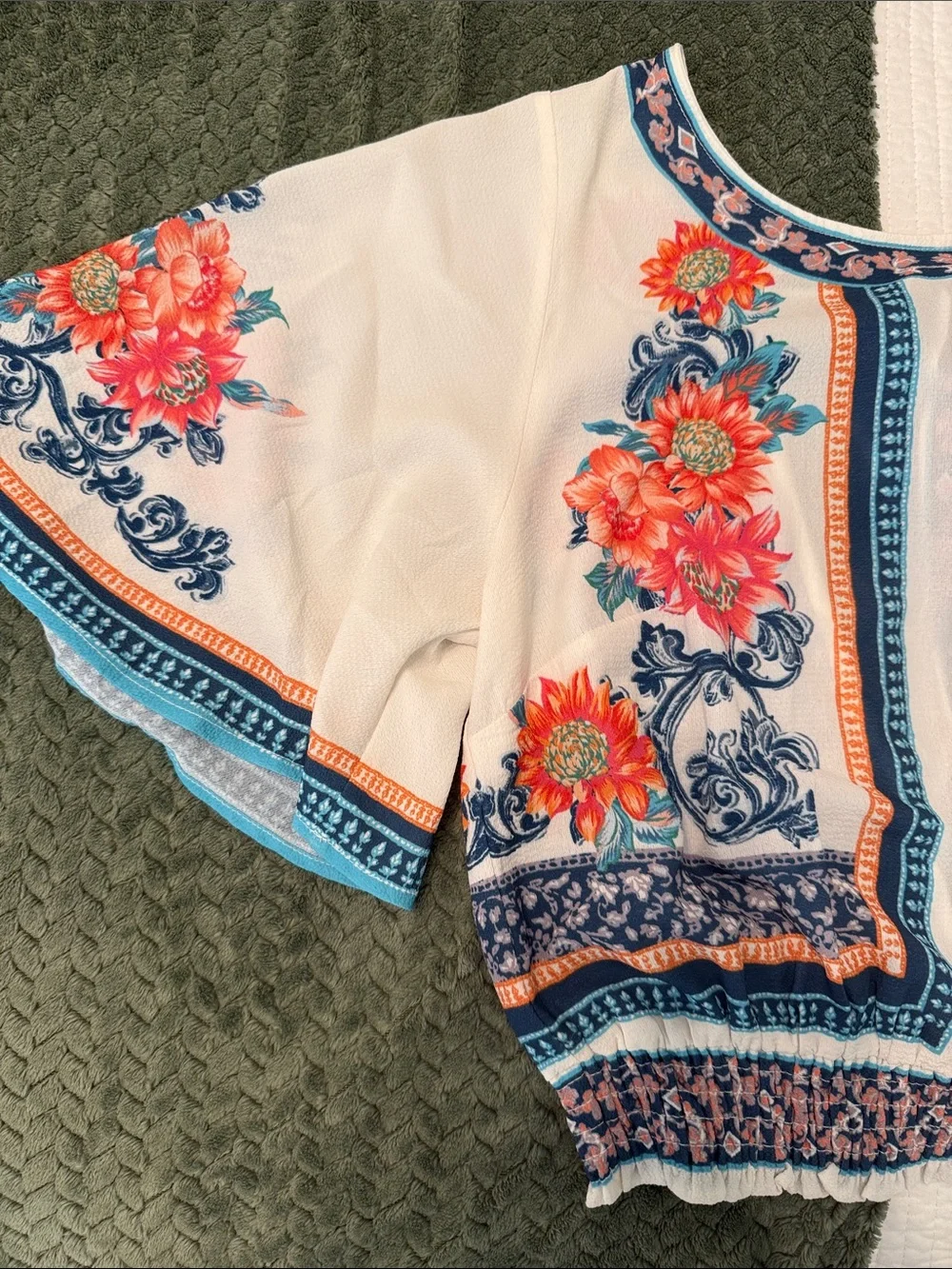 Jealous Tomato Cream Crop Top with Coral Floral Print and Navy Trim
